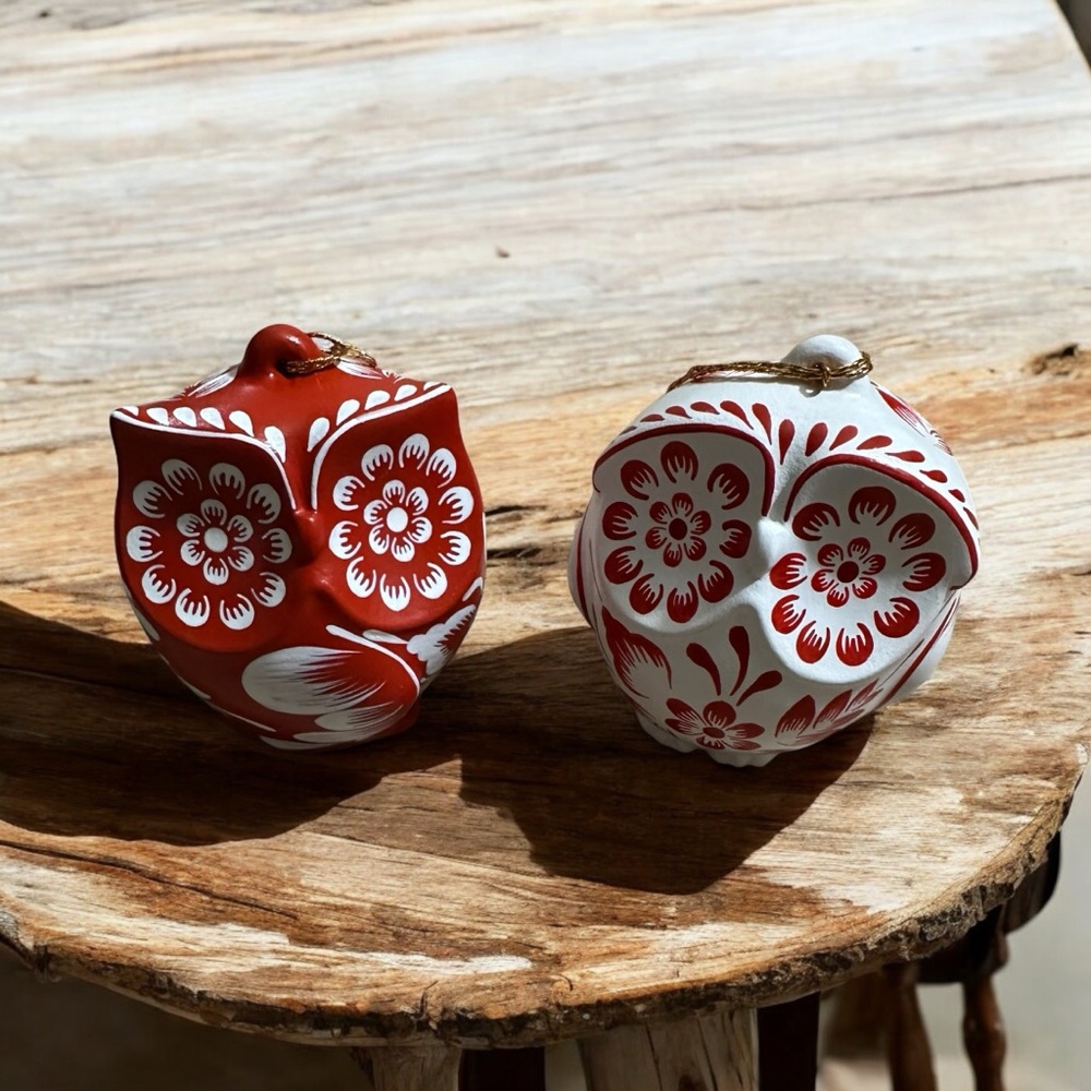 LUX Jolly Owl Ornament Festive Red and White‎ Ornaments Set of 2